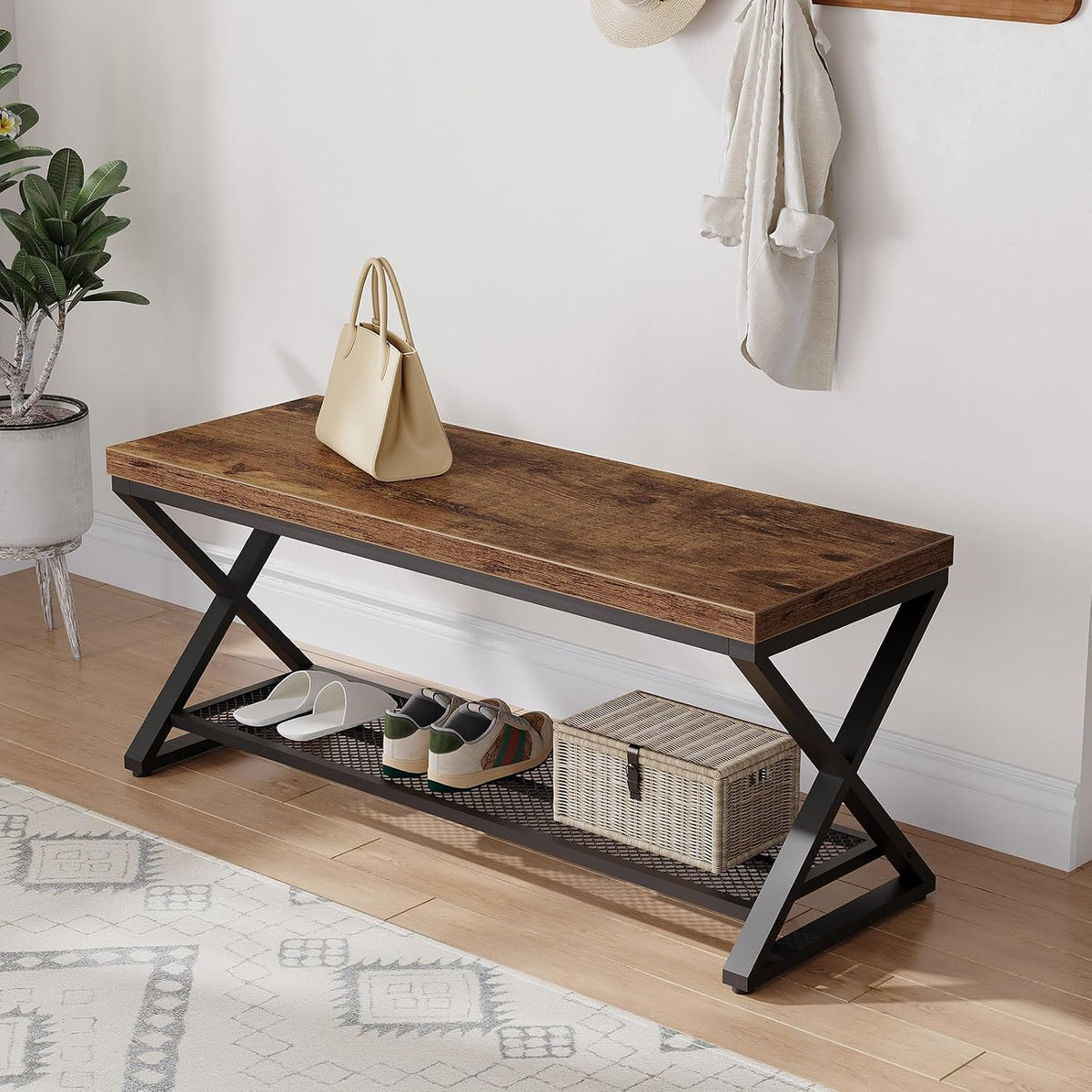 lvb rustic brown entryway bench, 39" industrial shoe, main product view