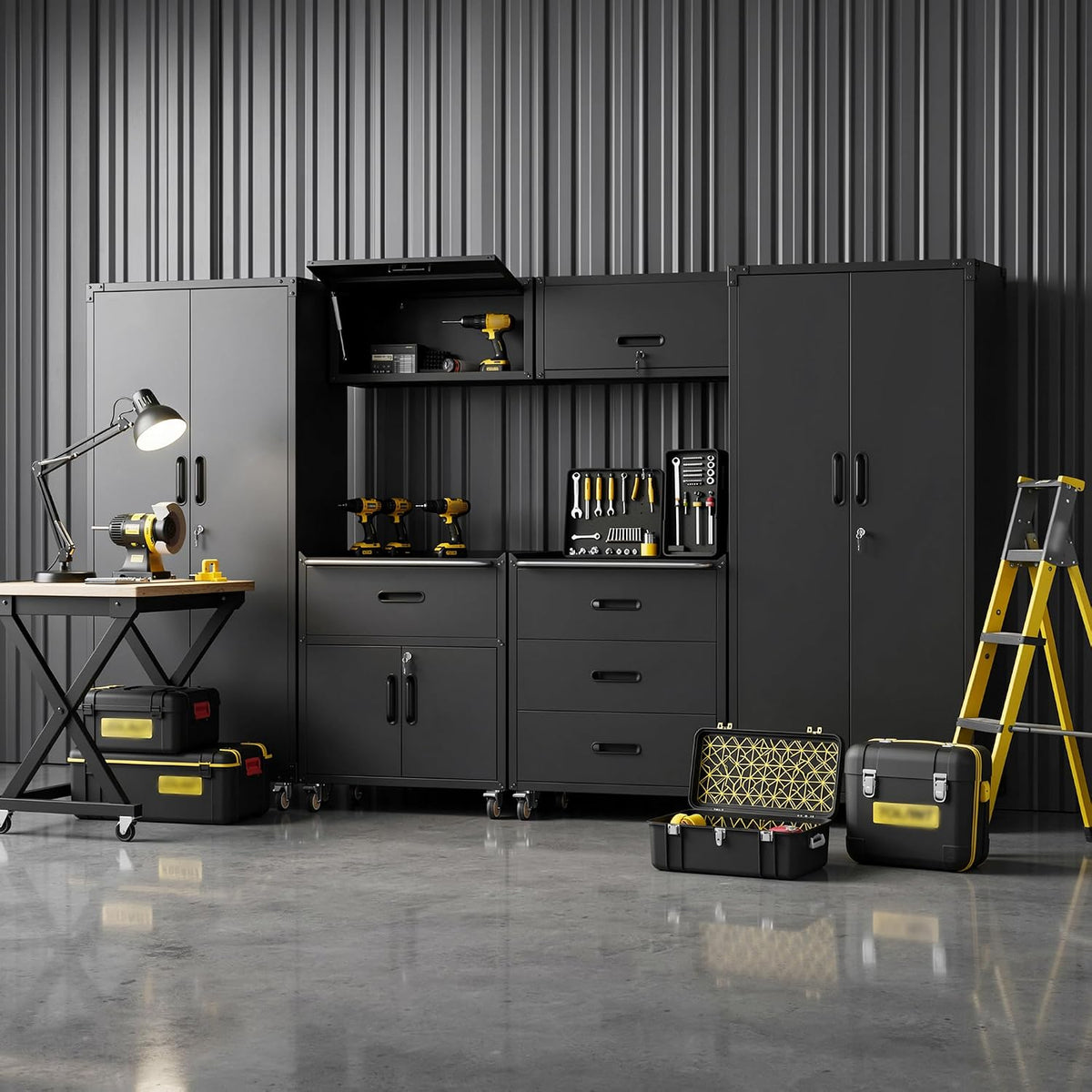 6-piece garage storage cabinets system heavy duty workshop, close-up detail