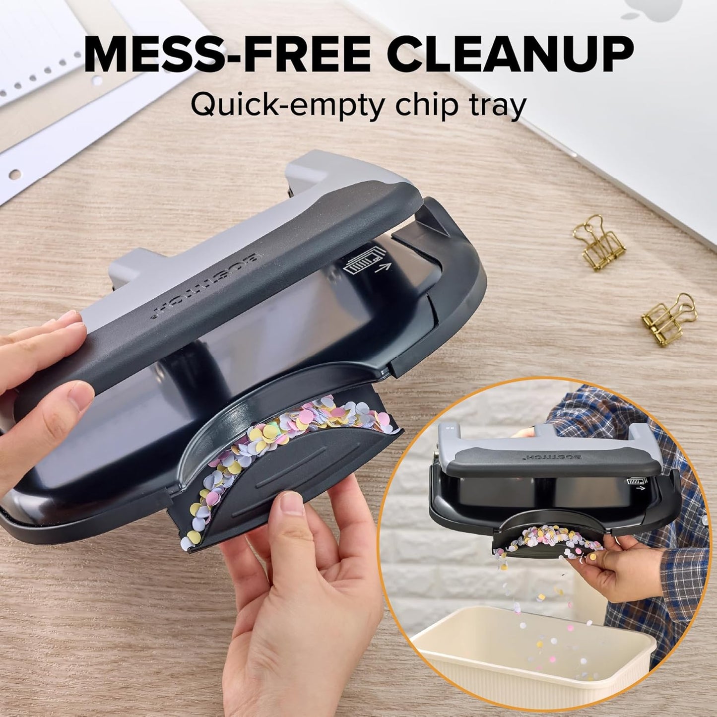 Bostitch EZ Squeeze 3 Hole Paper Punch, 40 Sheet Capacity, Heavy Duty Metal Office Hole Puncher with Chip Tray, Non-Slip Base & Paper Guide, 9/32" Holes for Binders, School & Home Office