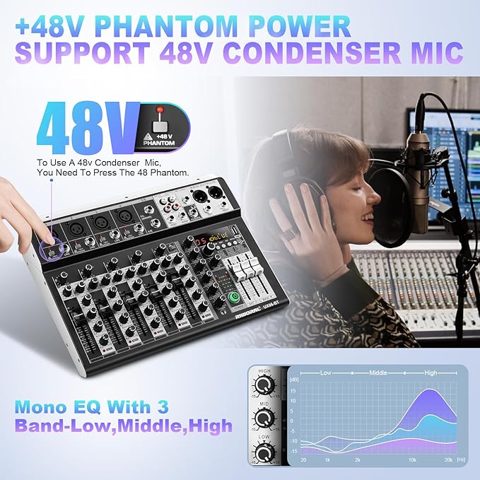 6 Channel Audio Interface Sound Board Mixing Console 16-Bit DSP DJ Mixer Audio - Image 5