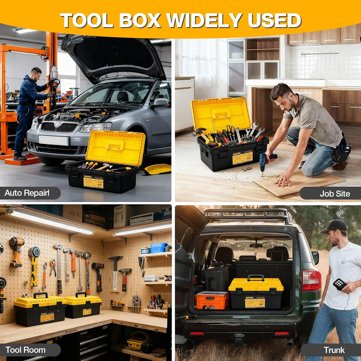 tool box set of 4, large plastic stackable on a desk or shelf