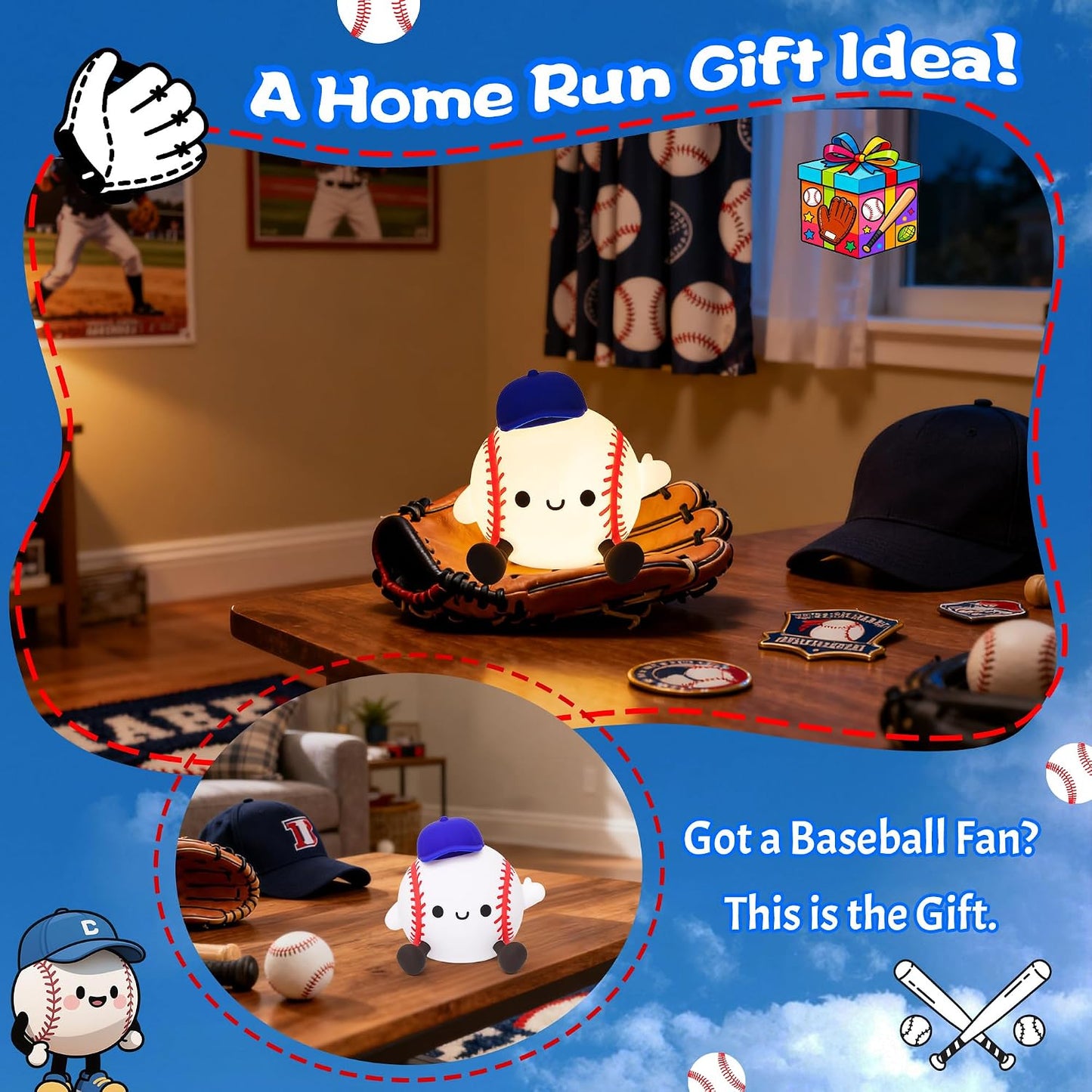 CoolGift Mart Baseball Night Light, Silicone Touch Control Lamp USB Rechargeable with Timer & Brightness Adjustment, Ideal for Breastfeeding Creates Glow for All Ages Baseball Lovers