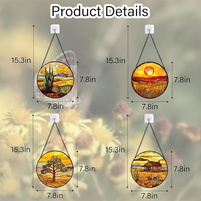 DASTOLL Stained Glass Window Hanging 4 Pcs Set Desert Sunset Theme Landscape - Image 6