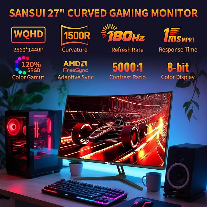 SANSUI 27 Inch WQHD 2560X1440 Curved Gaming Monitor, 180Hz MPRT 1ms Computer - Image 2