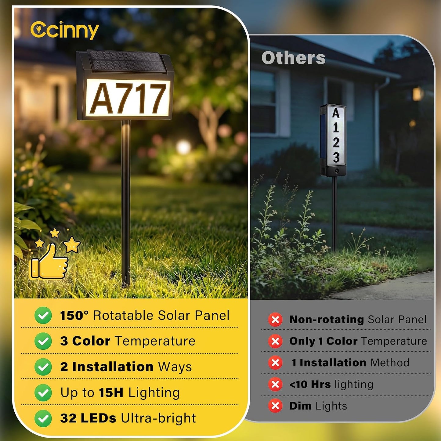 Solar Address Sign, 3 Modes House Number Sign with Adjustable Panel | LED Lighted Address Numbers, Wall Mounted & In Ground, Waterproof, DIYable Address Plaque with Stake for Yard House Garden