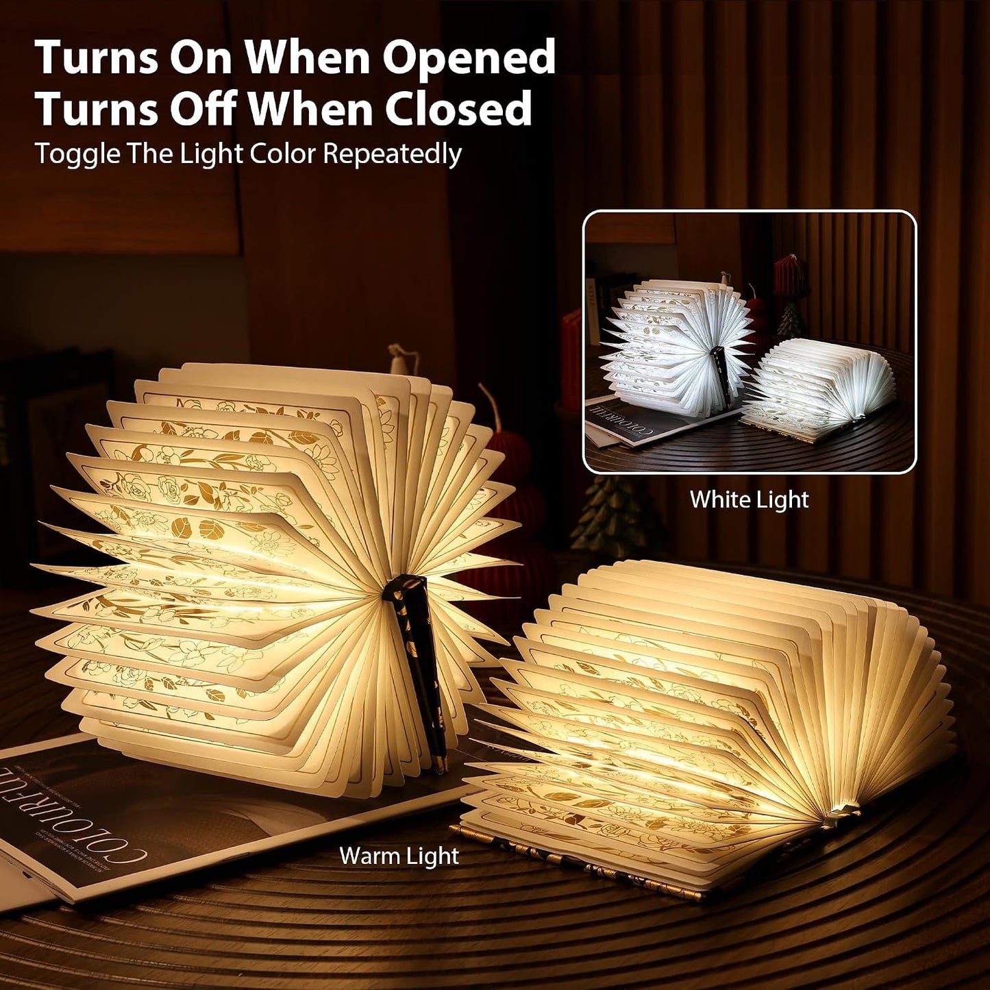 Book Lover Gift, Folding Book Lamp Decor, Portable Print Book Light | 1200mAh Rechargeable Night Light, Paper Desk Lamp, Reading Bookshelf Lamp, Gift for Women & Readers & Christmas (Black）