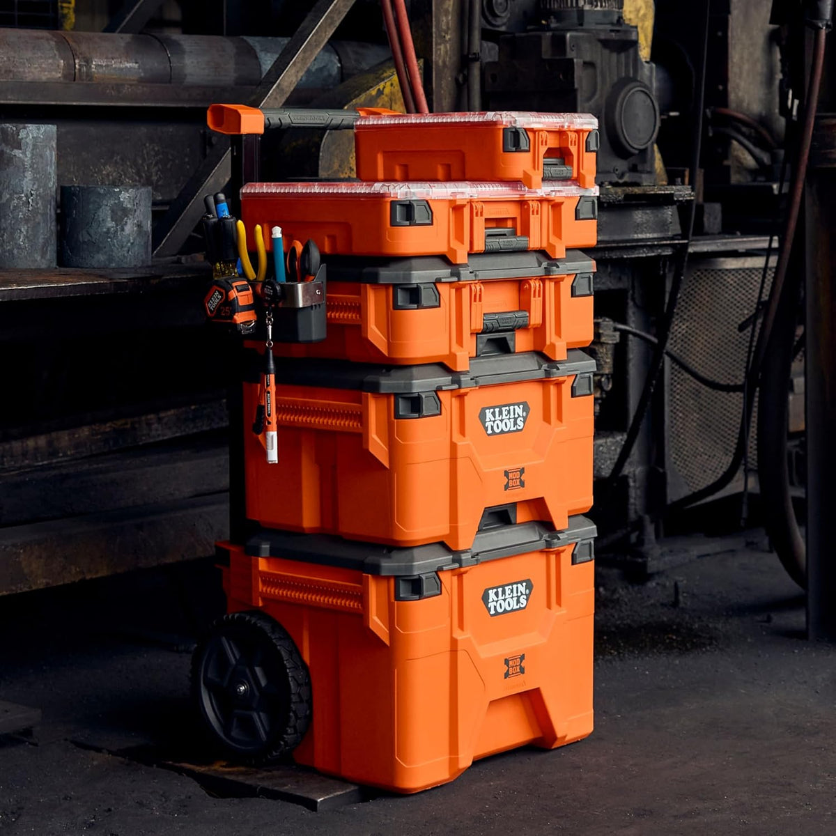 klein tools 54500mbx modbox tall compartment box, half-width on a desk or shelf
