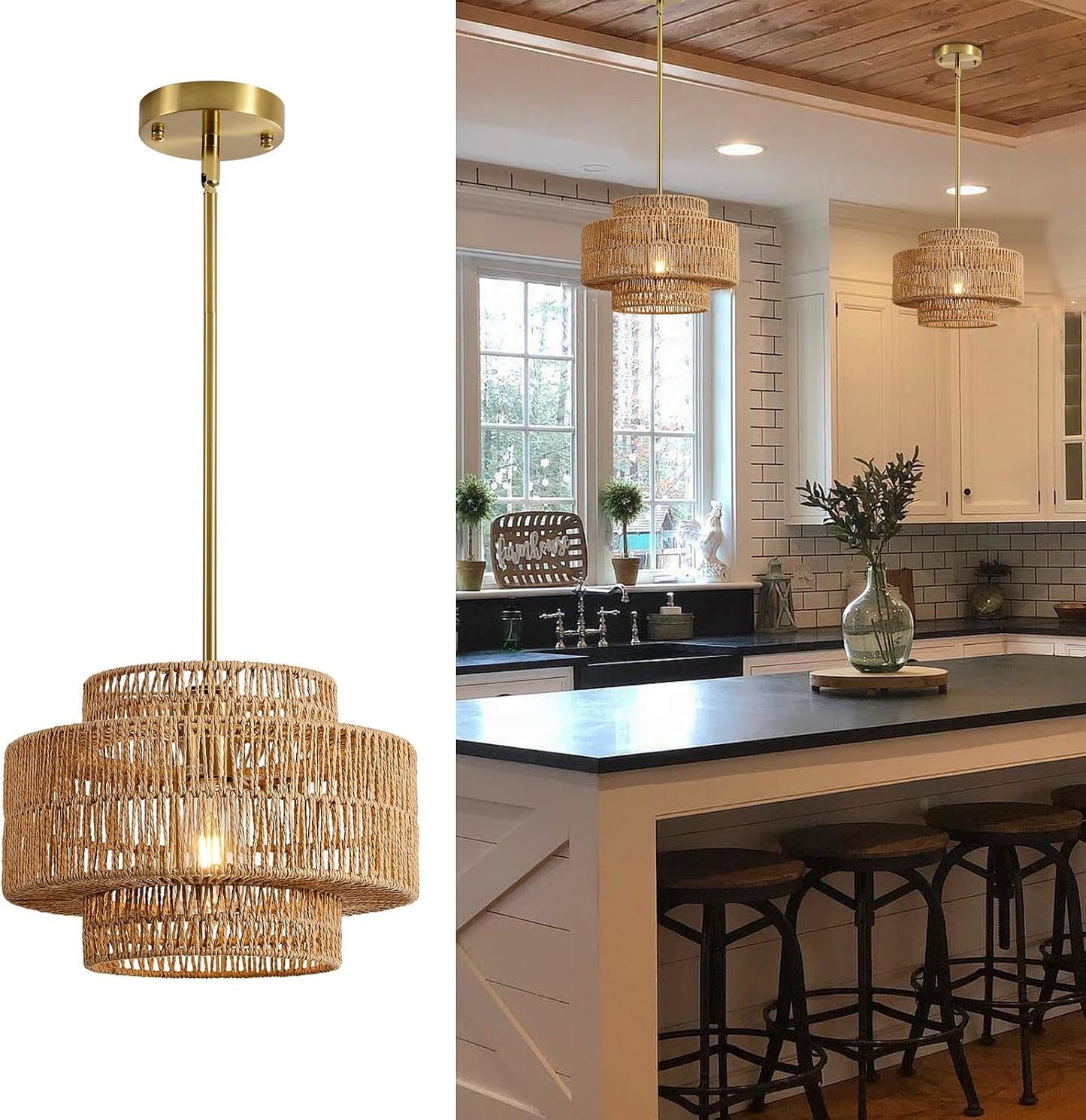 12.4" Rattan Pendant Light for Kitchen Island, Boho Chandelier | 1-Light, Hand Woven, No Assembly, Gold Hardware, Farmhouse Coastal Drum Wicker Light Fixture Dining Room Hallway Entryway