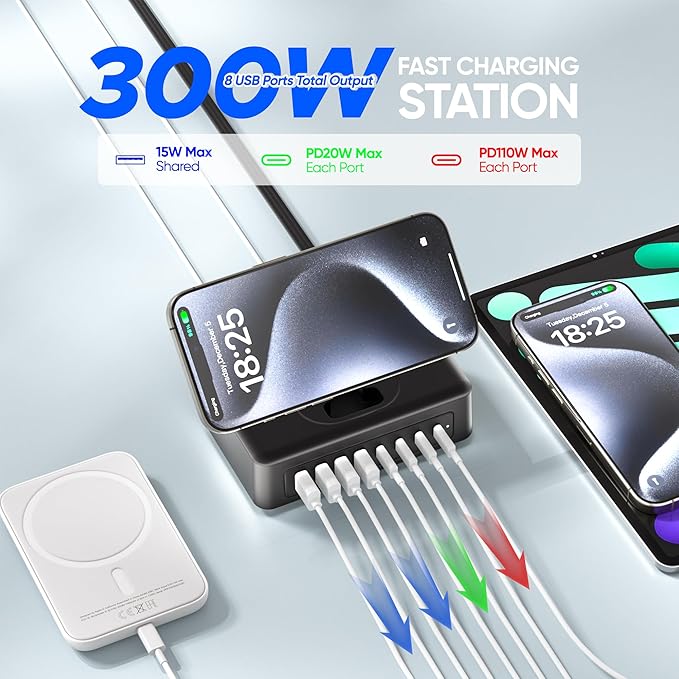 11-in-1 Charging Station USB-C Power Strip, 300W USB C Charger Block, 2AC - Image 3