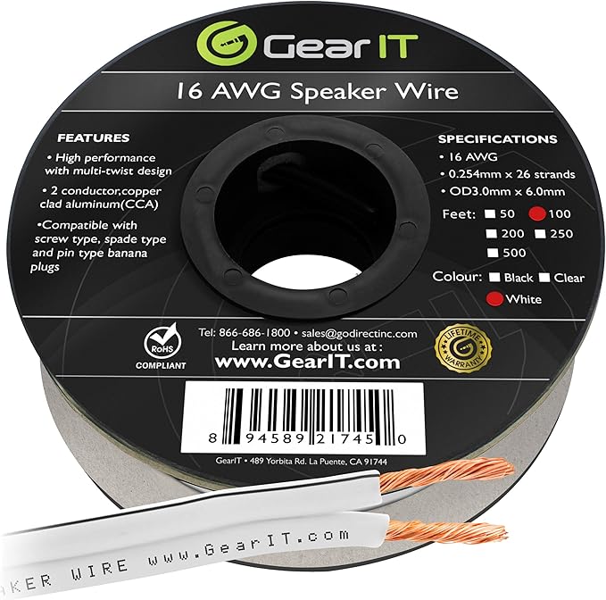 16AWG Speaker Wire, GearIT Pro Series 16 Gauge Speaker Wire Cable Great Use by GEARit