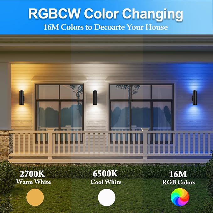 wowlite RGB Up Down Outdoor Wall Lights 2 Pack, 1200LM Smart Cylinder Outdoor - Image 2