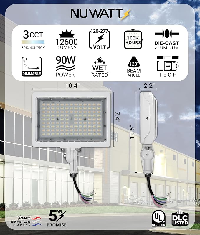 NUWATT 90W LED Flood Light, 3CCT 3000K/4000K/5000K Selectable, IP65 Waterproof - Image 2