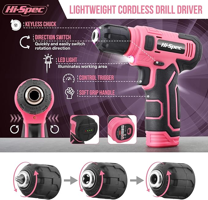 Hi-Spec 110pc Pink 8V USB Electric Power Cordless Womens Drill Driver Set. - Image 3