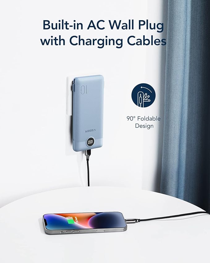 VEGER Portable Charger for iPhone Built in Cables and Wall Plug, 10000mah Slim - Image 3