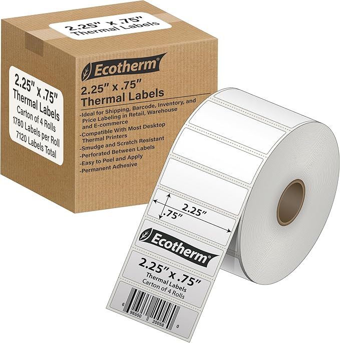 2.25" x .75" Thermal Labels | 4 Rolls | 7120 Labels | fits Zebra, Offnova by EcothermProducts