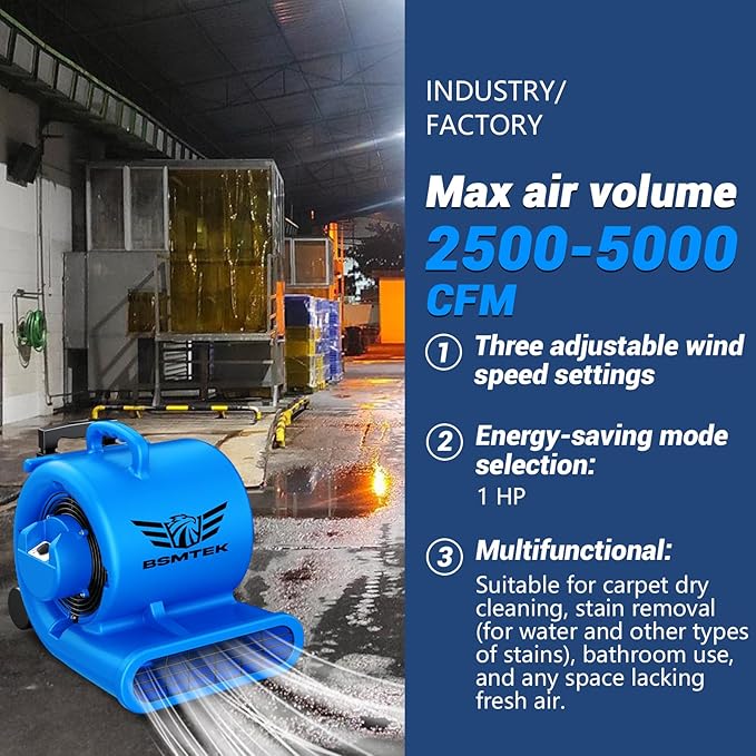 BSMTEK 5000 CFM 1HP Air Mover Blower Fan, Floor Blower Dryer - Image 4