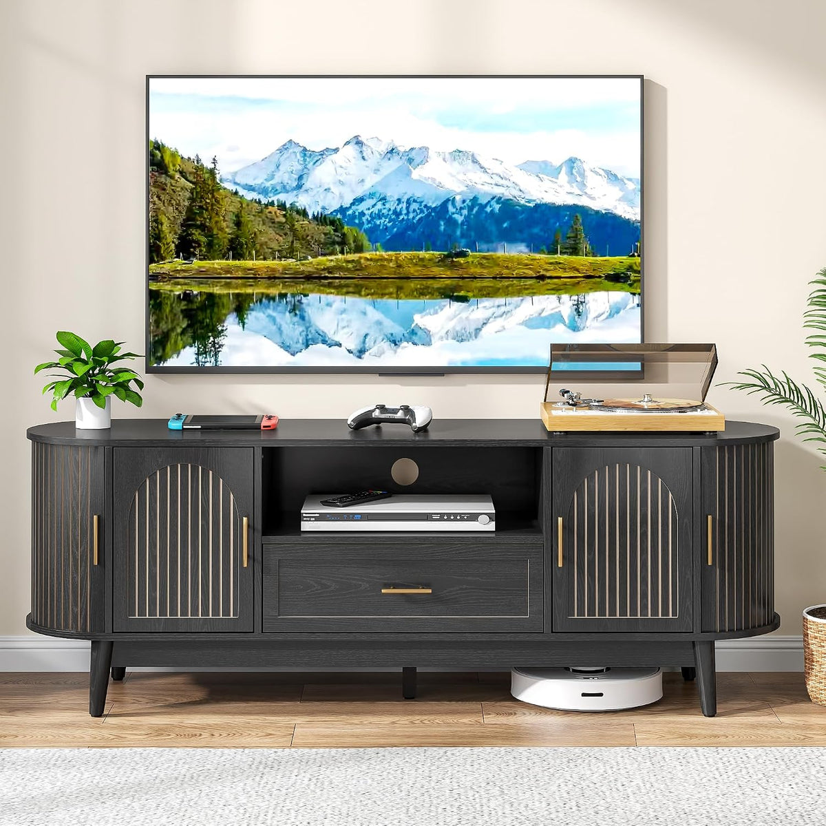 63" Fluted TV Stand for Tvs up to 70", Mid-Century Modern Entertainment Center