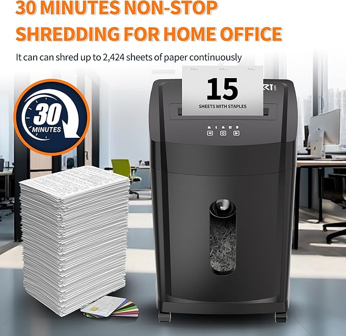 KRT Ultra-Quiet Paper Shredder 38dB, 30 Min Run Time, 15 Sheet Cross-Cut - Image 5