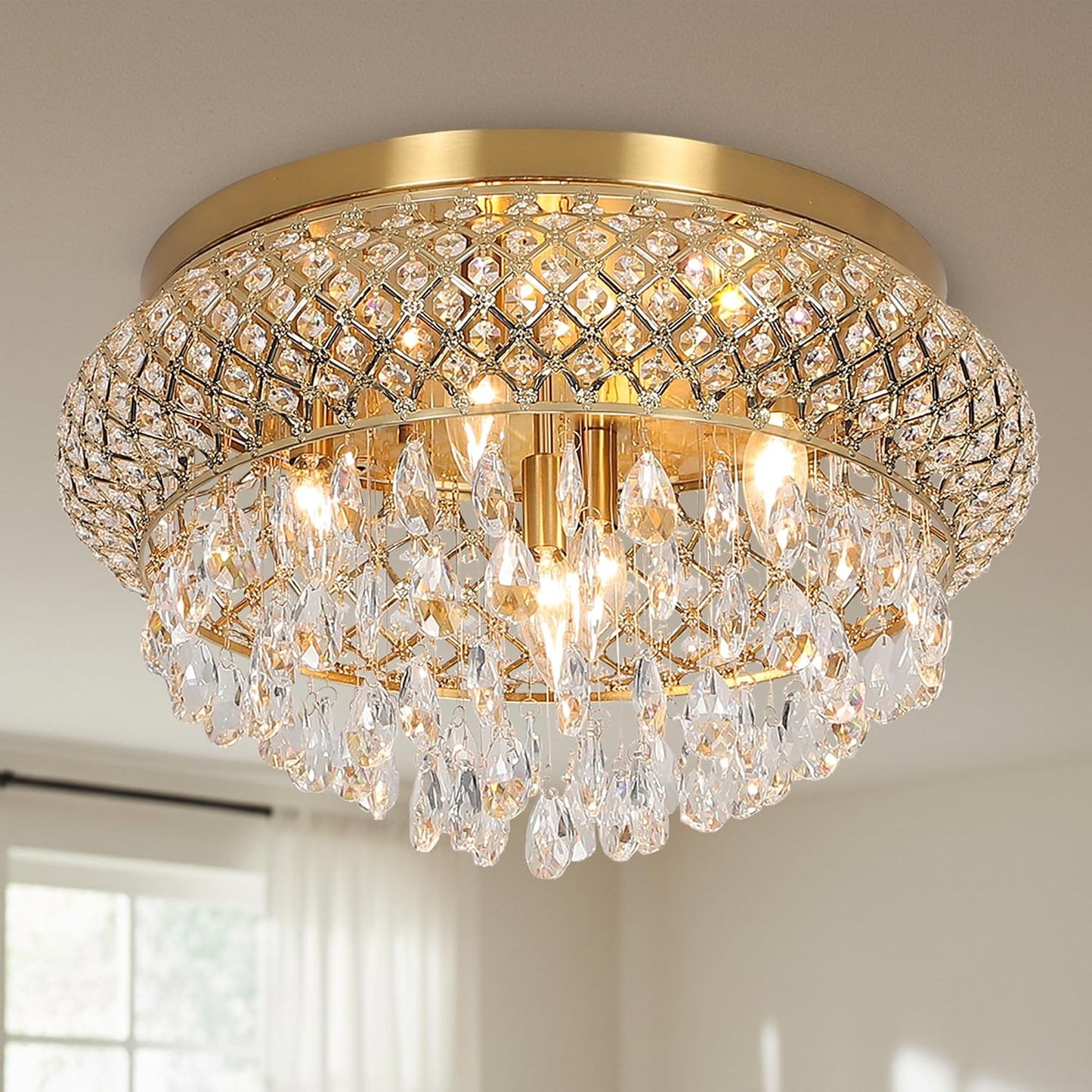 Maxax 19.5'' Crystal Brass Chandelier, 5-Light Large Vintage Farmhouse Ceiling Light Fixture, Drum Raindrop Metal Shade, French Empire, for Living Room Bedroom Dining Room Kitchen Entryway