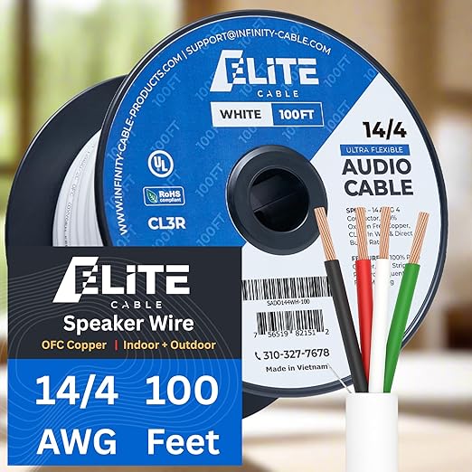 Elite 14/4 Speaker Wire 100ft, UL Listed, by InfinityCableProducts