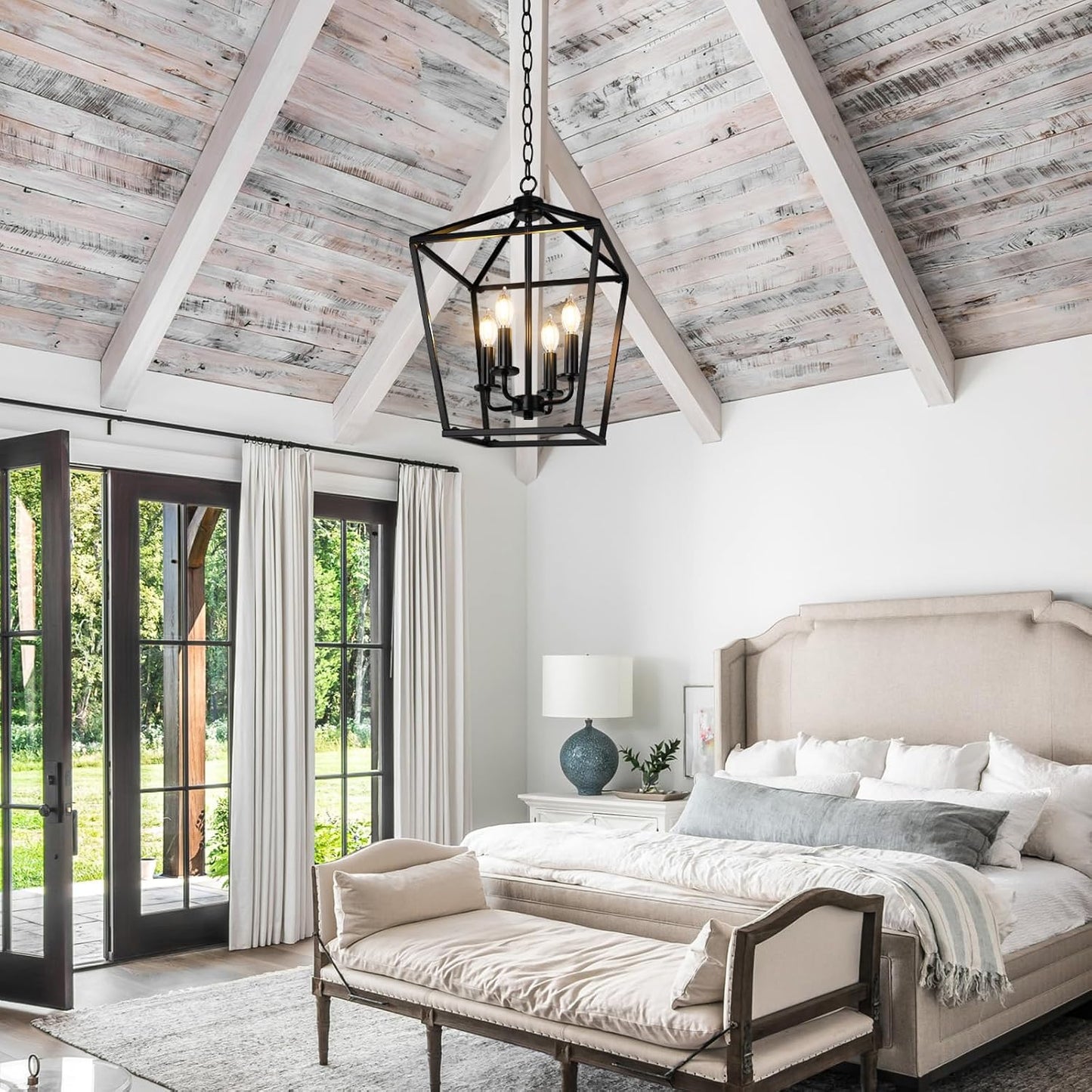 Black Farmhouse Chandelier, 4-Light Foyer Lighting Fixtures for Dining Room | Industrial Kitchen Lantern chandelier Over Table, Pendant Island Ceiling Light for Entryway, Metal Cage Adjustable Height