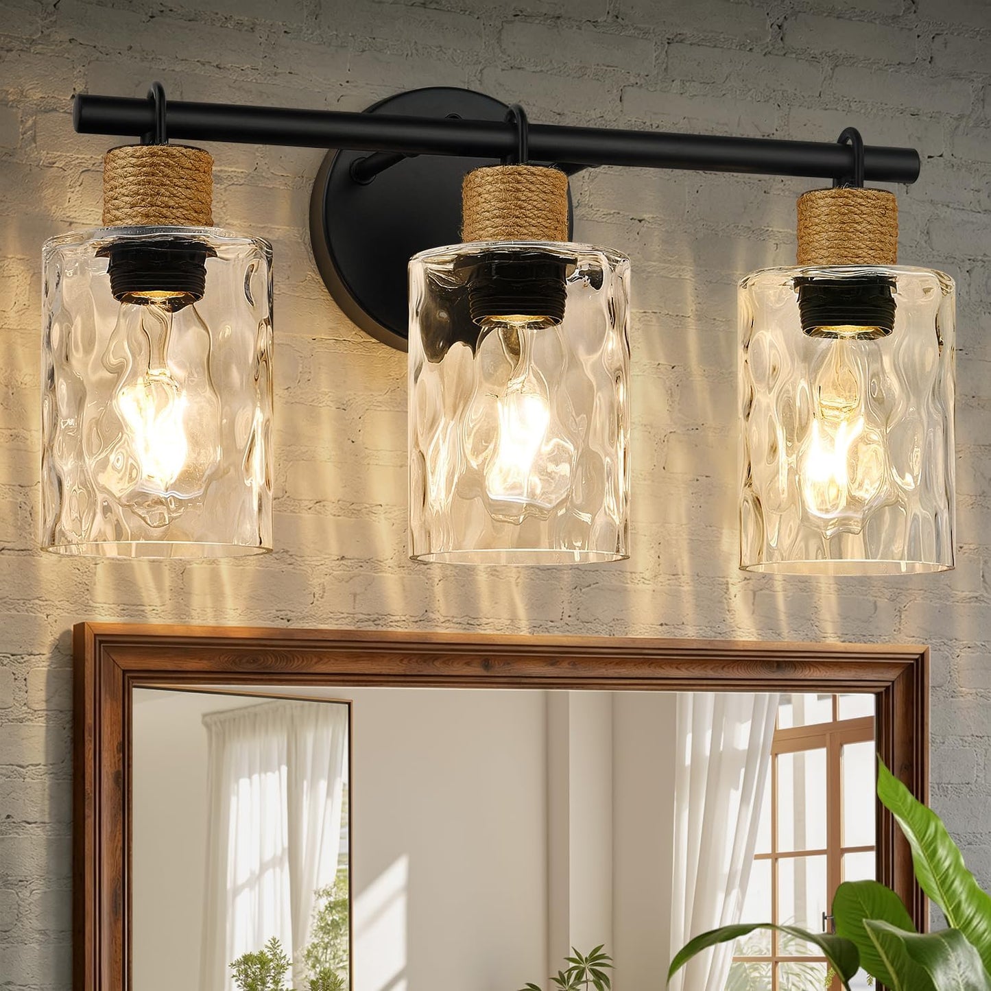MOKATNG Bathroom Light Fixtures, 3-Light Coastal Vanity Lights with Crystal Glass Shade, Black Bathroom Wall Lamp for Mirror Kitchen Hallway Cabinet