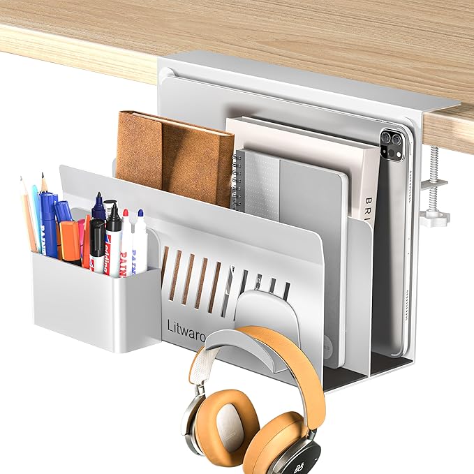 Litwaro Desk Side Storage Organizer, 2 Tier Under Desk Laptop Holder No Drill by Litwaro