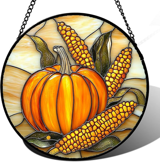 DASTOLL Stained Glass Window Hanging Autumn Harvest Pumpkin Corn 7.8" by DASTOLL