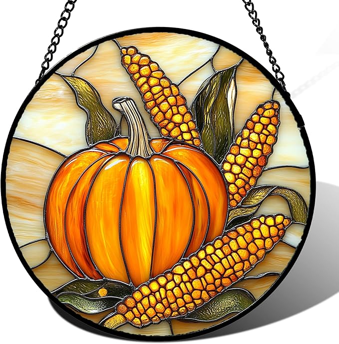 DASTOLL Stained Glass Window Hanging Autumn Harvest Pumpkin Corn Large 15" by DASTOLL