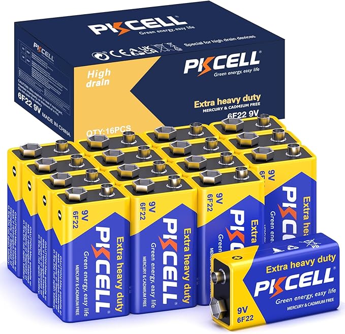 PKCELL 9V Batteries, 16 Pack 9 Volt Batteries Carbon Zinc, 9V Battery by Pkcell