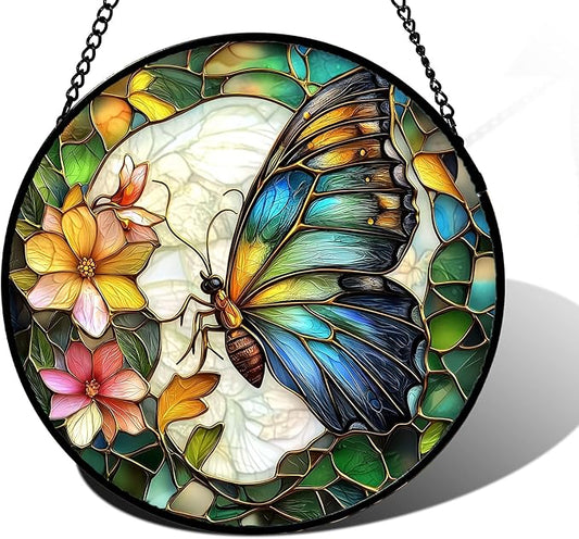 DASTOLL Stained Glass Window Hanging, Butterfly Flower Sun Catchers Diamond by DASTOLL
