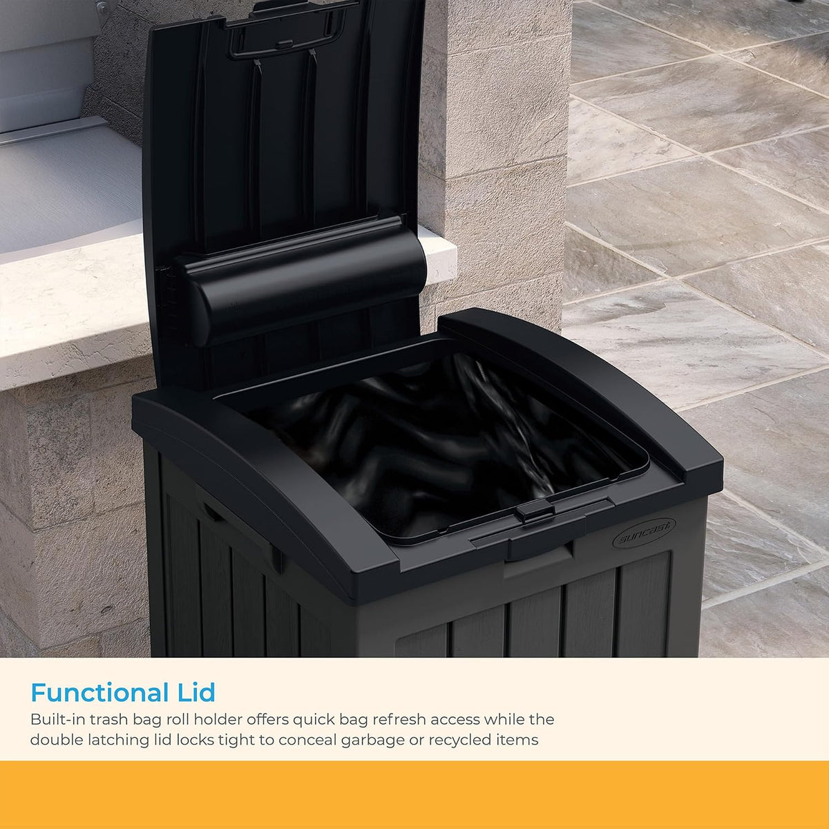 suncast 39-gallon resin outdoor hideaway trash can with showing dimensions