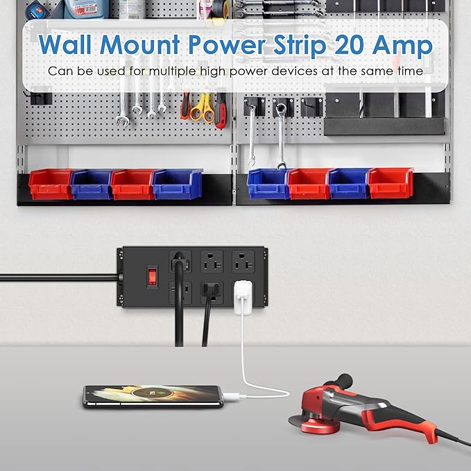 JUNNUJ 20 Amp Power Strip Heavy Duty 2 Pack, Garage 6 Outlets Metal 12 Gauge - Image 4