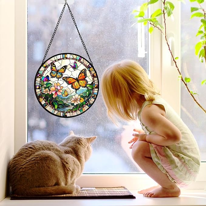 DASTOLL Stained Glass Window Hanging, Butterflies Flying in The Sky Suncatcher - Image 3