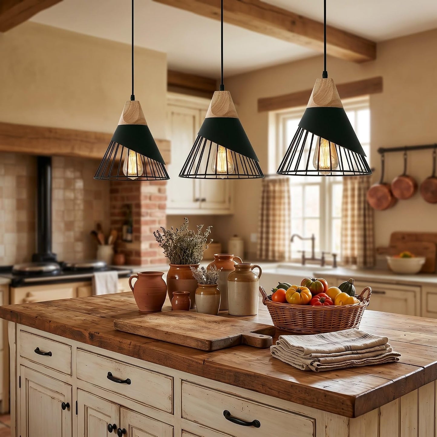 2 Pack Modern Farmhouse Pendant Light,Wood Top Black Slanted Metal Wire Cage Hanging Light Fixture,Adjustable E26 Pendant Lighting for Kitchen Island,Dining Table,Entryway Indoor Home Decor