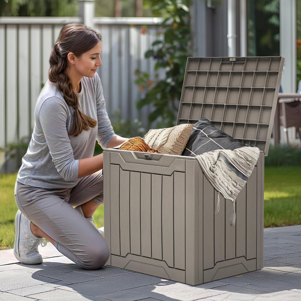 yitahome outdoor resin storage box 31 gal, water-resistant, side view