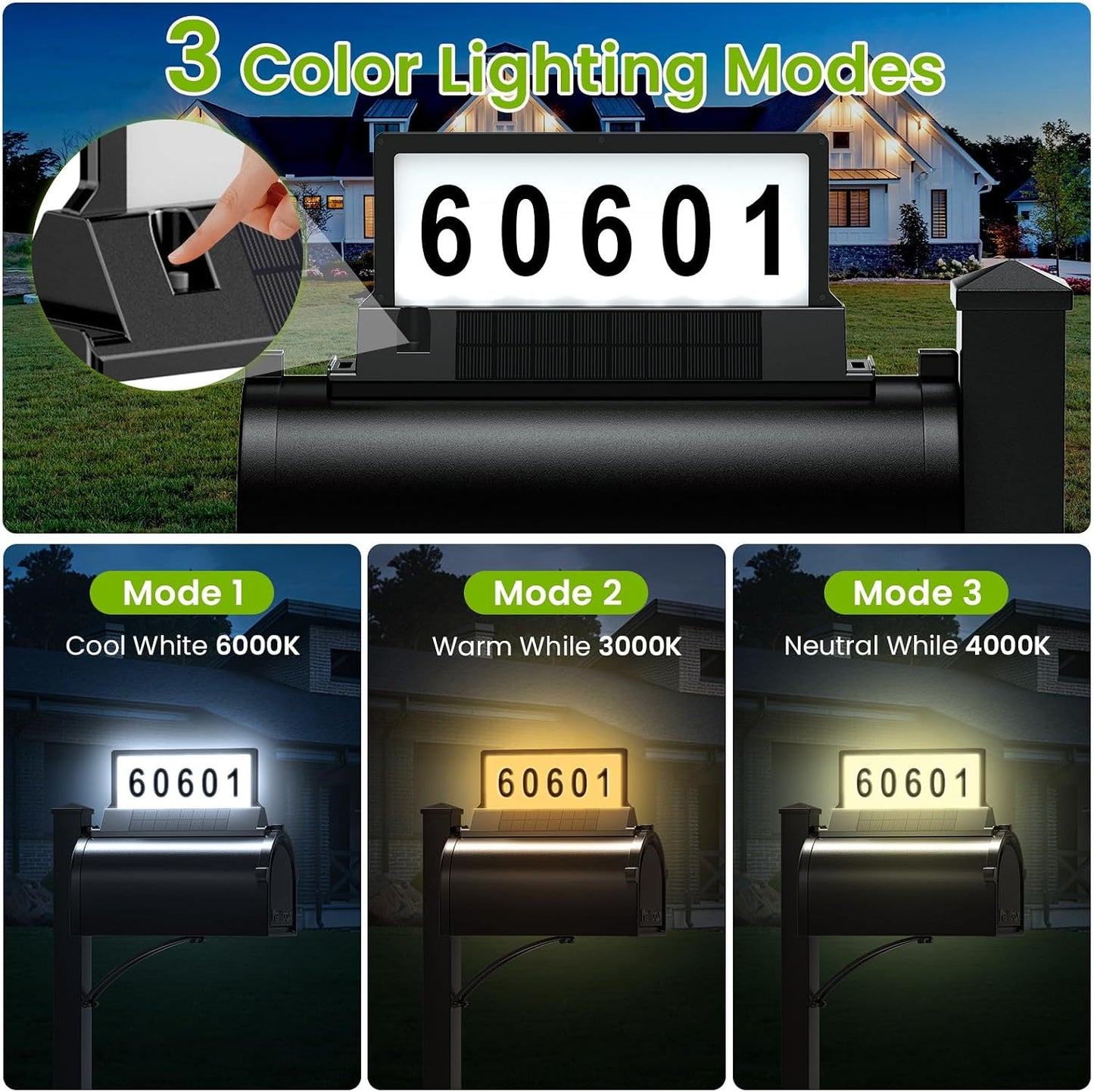 Solar Address Sign for Mailbox– Double-Sided Illuminated Mailbox Numbers | Magnetic Mount, No-Drill, 3-Color Light Modes, IP65 Waterproof Solar-Powered Plaque, Outdoor House Mailbox Topper