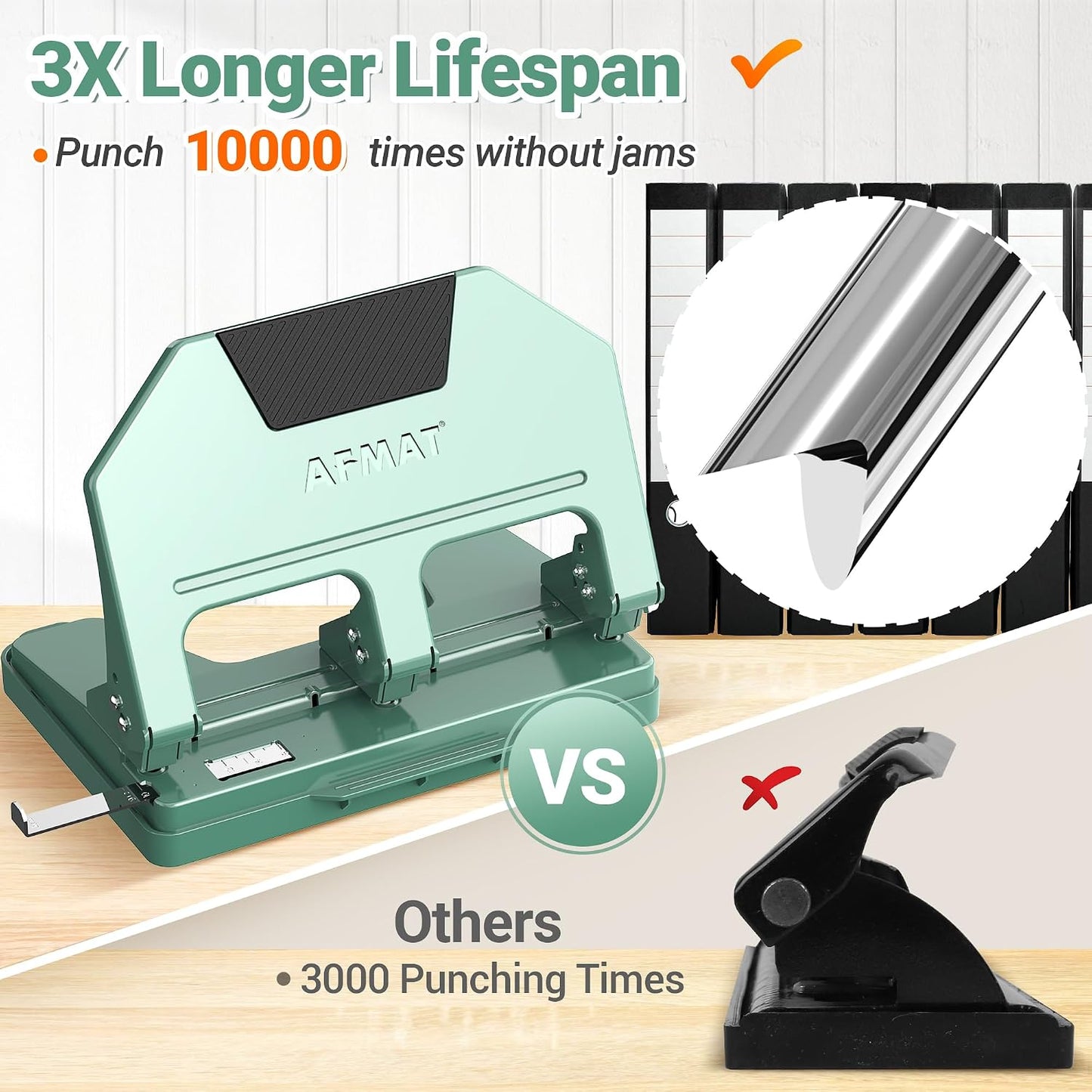 AFMAT 3 Hole Punch Heavy Duty, 9/32" Hole Diameter, 50-Sheet 3 Hole Puncher for Binder, 50% Reduced Effort, Metal Three Hole Punch w/ 10,000+ Uses, Bulit-in S.S. Paper Guide, Large Chip Tray, HPX5