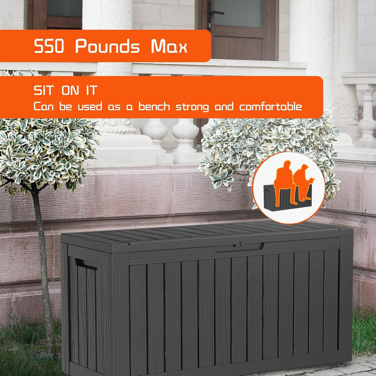 drato 80 gallon deck box, outdoor storage box showing dimensions