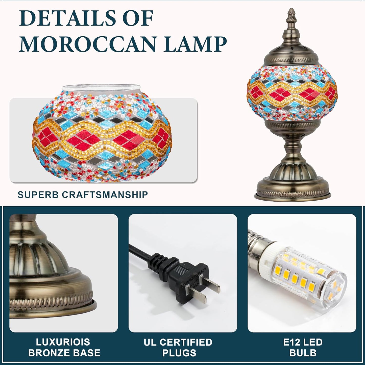 Marrakech Turkish Mosaic Lamp Stained Glass Table Lamp with Tiffany Style | Handmade Moroccan Table Lamp with Bronze Base, Decorative Accent Vintage Lamp for Living Room Bedroom Including LED Bulb