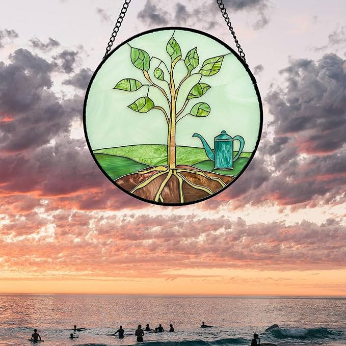 AMDERVEN Stained Glass Window Hanging 4 Pcs Set Pink Green Spring Saplings - Image 5