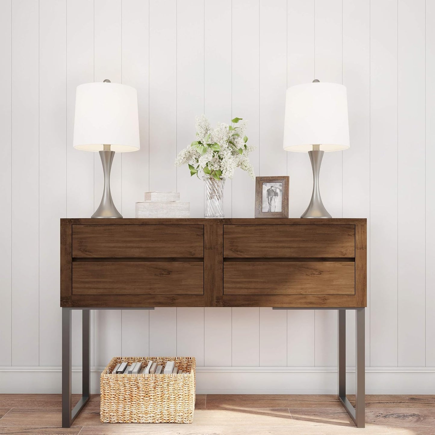Table Lamps - Set of 2 Mid-Century Modern Lights with Metal Flared Trumpet Base - Includes Energy Efficient LED Light Bulbs by Lavish Home (Silver)