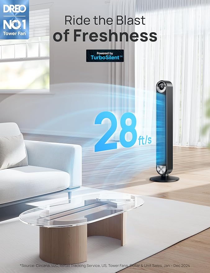 Dreo Tower Fan for Bedroom, Upgraded DC 9 Speeds 25dB Ultra-Quiet Floor Fan - Image 2