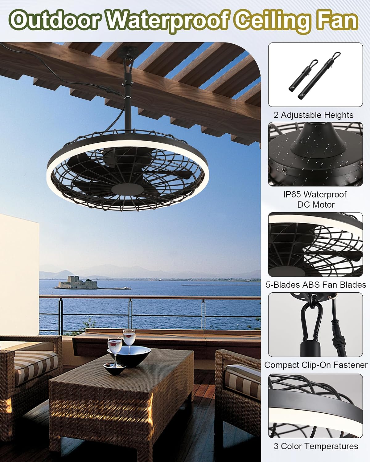 20" Gazebo Fan With Light Waterproof Ceiling Fan,5 Blade,Dimmable Color,3CCT,Alexa/Google,Black Plug In Caged Outdoor Fan for Patio Backyard Family Reunions Parties