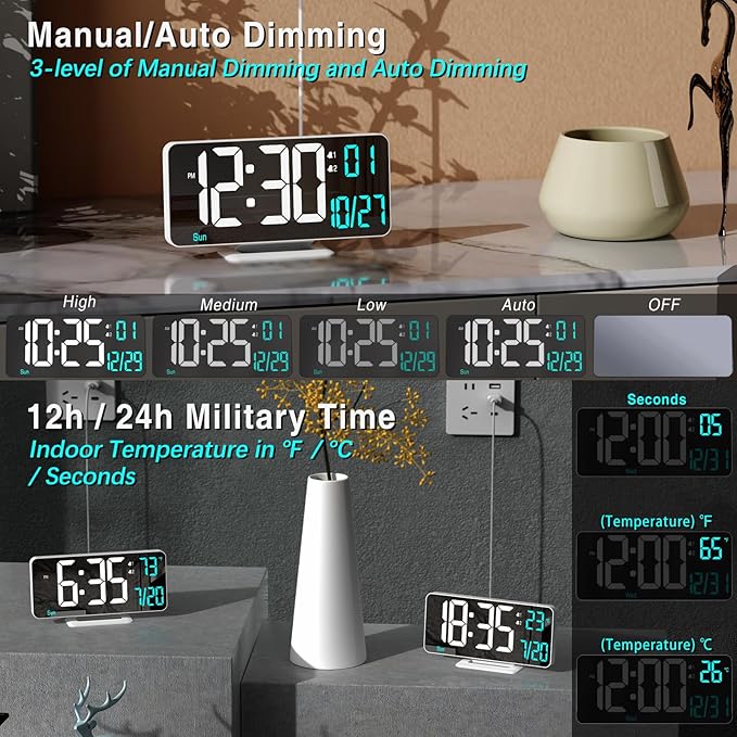 KOSUMOSU Digital LED Clocks for Bedrooms 6.7in White Alarm Clock, Day of Week - Image 2