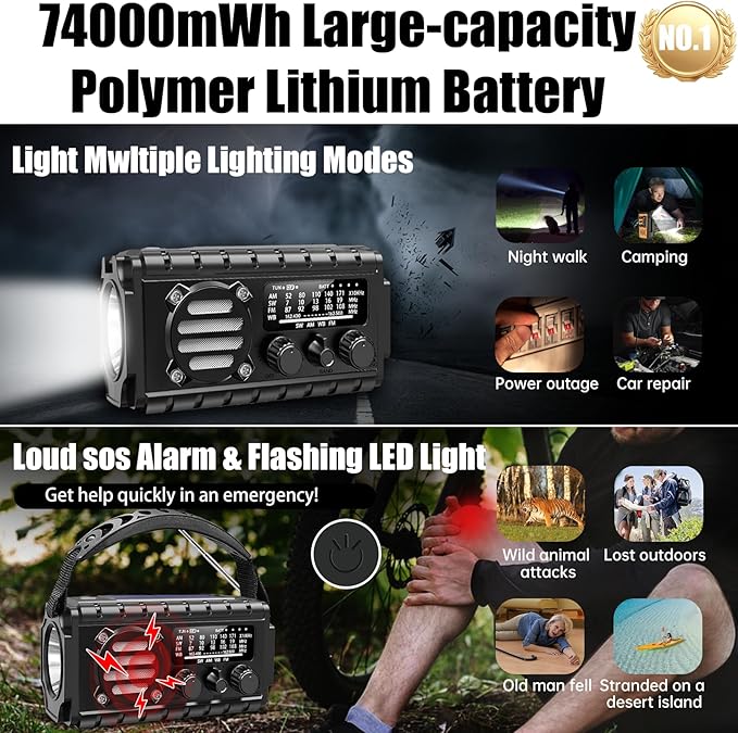 20000mah Hand Crank Emergency Radio, SW/NOAA/AM/FM Weather Radio, Solar Powered - Image 4