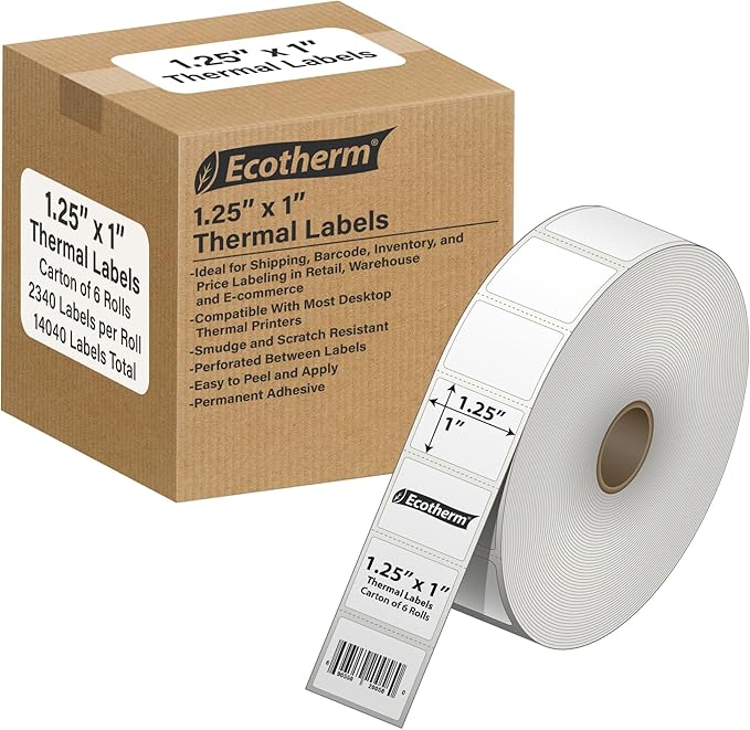 1.25" x 1" Thermal Labels | 6 Rolls | 14040 Labels | fits Zebra, Offnova by EcothermProducts