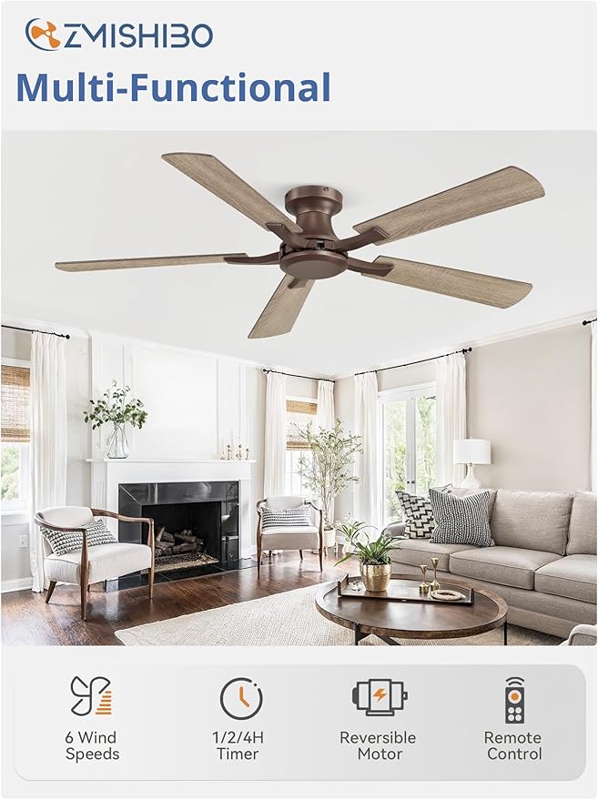 ZMISHIBO 52 Inch Ceiling Fan No Light, Flush Mount Low Profile, Farmhouse Brown - Image 2
