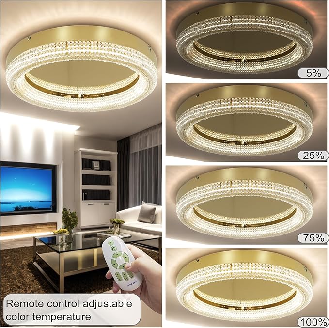 23.6" Gold LED 3 Color Remote Dimmable Modern Crystal Chandelier Round LED - Image 6