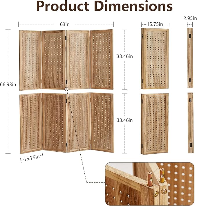 Leesinwing 4 Panel Wooden Room Dividers, 5.6FT High Plug-in Folding Screen Made - Image 8